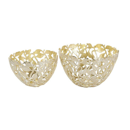 Gold Aluminum Metal Leaf Large Decorative Bowl with White Detailing
