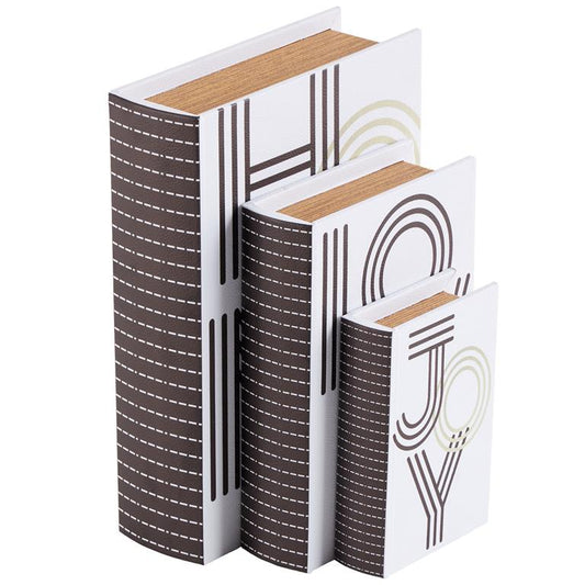 White Faux Leather "Home", "Love", "Joy" Faux Book Storage Decorative Box with Black Striped Spine and Gold Accents
