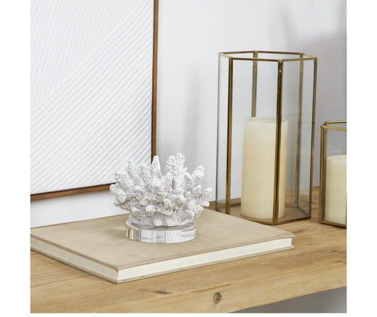 WHITE POLYSTONE CORAL SMALL TEXTURED SCULPTURE WITH CLEAR ACRYLIC BASE, 6" X 5" X 4"