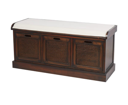 BROWN WOOD STORAGE BENCH WITH UPHOLSTERED SEAT, 42" X 15" X 20"