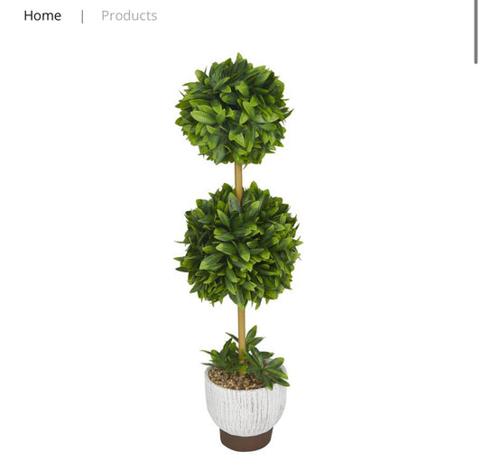 GREEN FAUX FOLIAGE BOXWOOD BALL TOPIARY WITH WHITE CEMENT POT, 9" X 8" X 27"