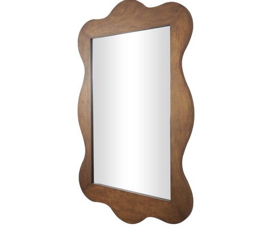 BROWN WOODEN WALL MIRROR WITH WIDE WAVY FRAME, 41" X 2" X 65"