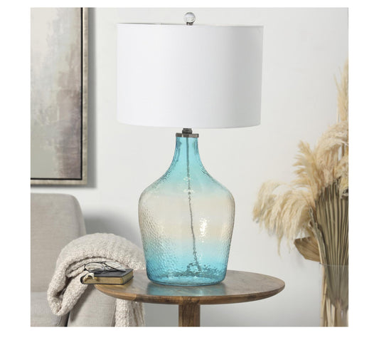 BLUE GLASS OMBRE ACCENT LAMP WITH GOLD ACCENT, 15" X 15" X 28"