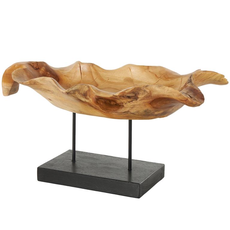 Brown Teak Wood Leaf Floating Decorative Sculpture with Black Stand and Base