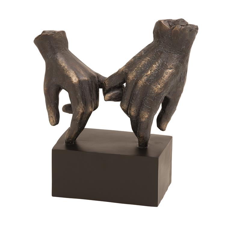 Black Polystone Hands Weathered Patina Linked Decorative Sculpture with Block Base and Gold Accents