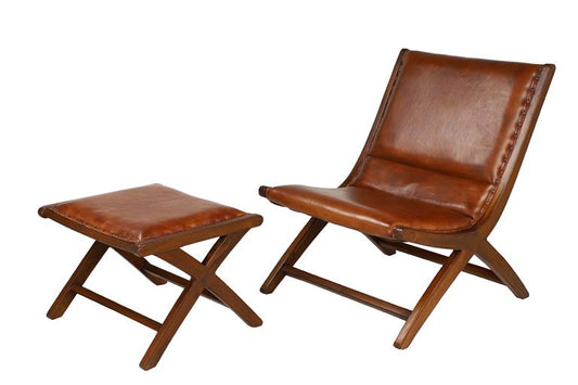 Brown Teak Wood Handmade Upholstered Leather Room Accent Chair with Ottoman