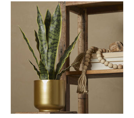 GREEN FAUX FOLIAGE SNAKE ARTIFICIAL PLANT WITH GOLD PORCELAIN POT, 13" X 11" X 20"