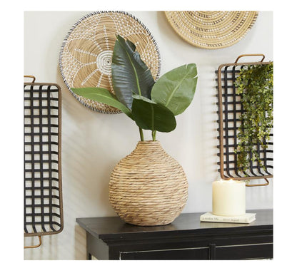 BROWN SEAGRASS HANDMADE WOVEN VASE, 14" X 14" X 14"