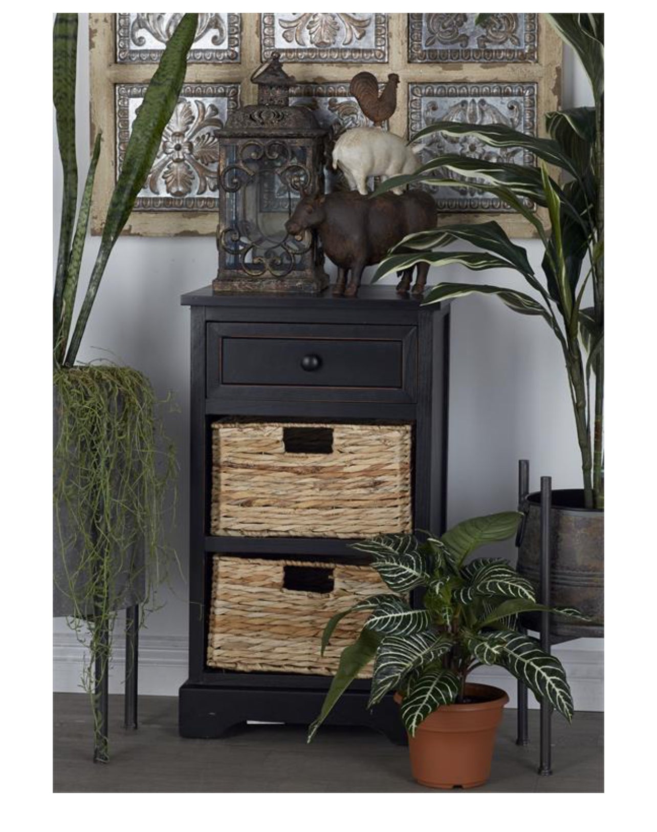 BLACK WOOD 2 BASKETS AND 1 DRAWER STORAGE UNIT, 16" X 13" X 28"
