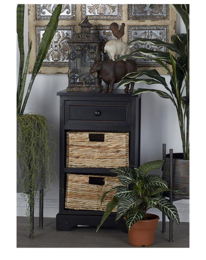 BLACK WOOD 2 BASKETS AND 1 DRAWER STORAGE UNIT, 16" X 13" X 28"