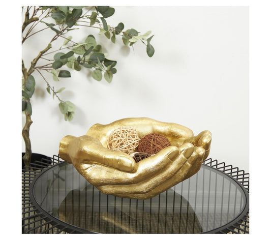 GOLD POLYSTONE HANDS OPEN SCULPTURE, 15" X 16" X 7"