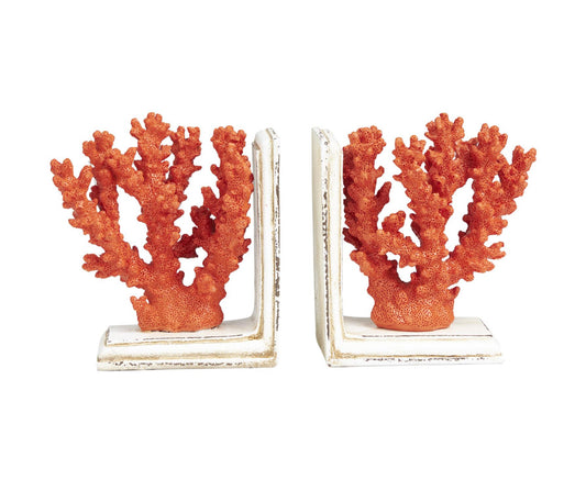 ORANGE POLYSTONE CORAL TEXTURED BOOKENDS WITH CREAM BASE