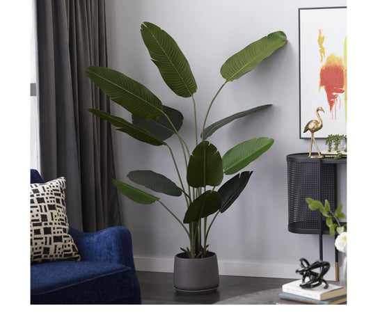 GREEN FAUX FOLIAGE BIRD OF PARADISE ARTIFICIAL TREE WITH REALISTIC LEAVES AND BLACK PLASTIC POT, 47" X 39" X 70"