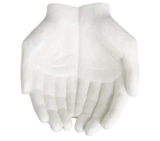 WHITE POLYSTONE HANDS OPEN SCULPTURE, 15" X 16" X 7"
