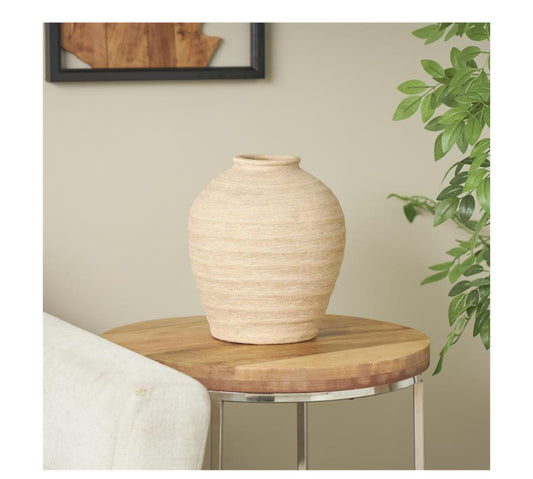 BEIGE PORCELAIN WIDE TEXTURED VASE, 9" X 10" X 11"