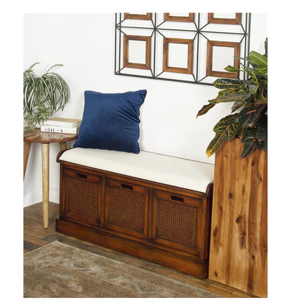 BROWN WOOD STORAGE BENCH WITH UPHOLSTERED SEAT, 42" X 15" X 20"