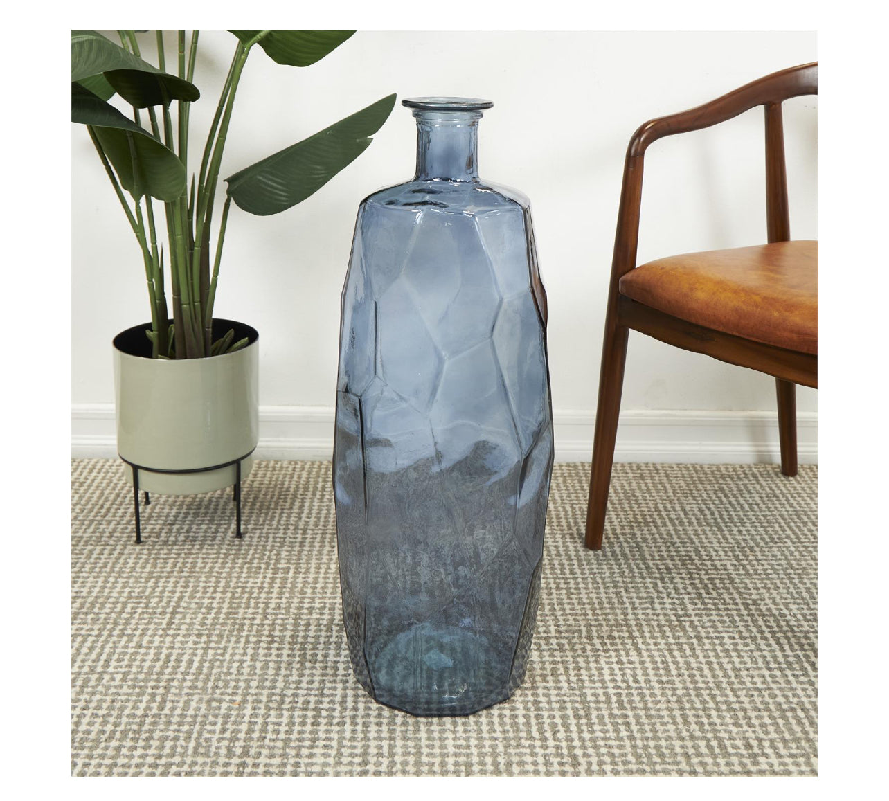 BLUE RECYCLED GLASS TALL SPANISH BOTTLENECK VASE, 11" X 11" X 29"