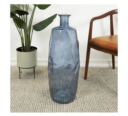 BLUE RECYCLED GLASS TALL SPANISH BOTTLENECK VASE, 11" X 11" X 29"