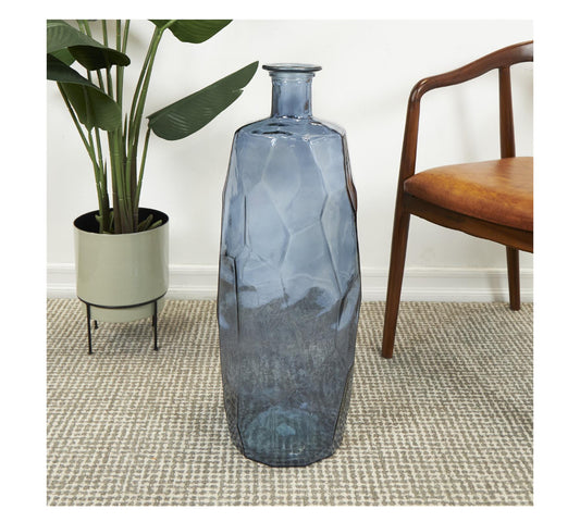 BLUE RECYCLED GLASS TALL SPANISH BOTTLENECK VASE, 11" X 11" X 29"