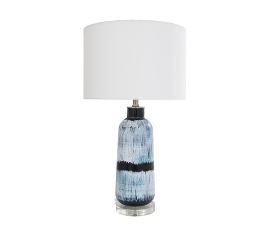 BLUE GLASS ABSTRACT BRUSHED ACCENT LAMP WITH GLASS BASE, 14" X 14" X 27"