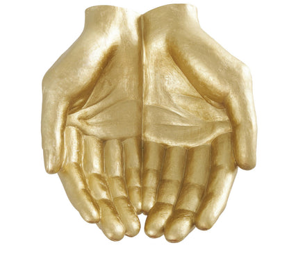 GOLD POLYSTONE HANDS OPEN SCULPTURE, 15" X 16" X 7"