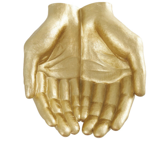 GOLD POLYSTONE HANDS OPEN SCULPTURE, 15" X 16" X 7"
