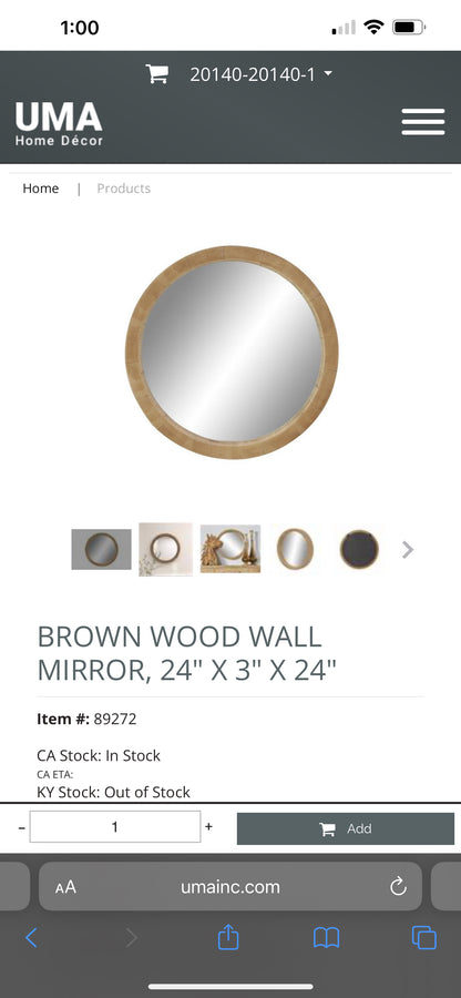 BROWN WOOD WALL MIRROR, 24" X 3" X 24"