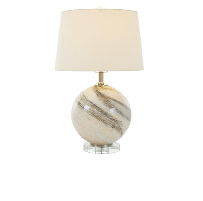 BEIGE GLASS ROUND ACCENT LAMP WITH MARBLE INSPIRED DESIGN AND GOLD ACCENTS, 14" X 14" X 23"
