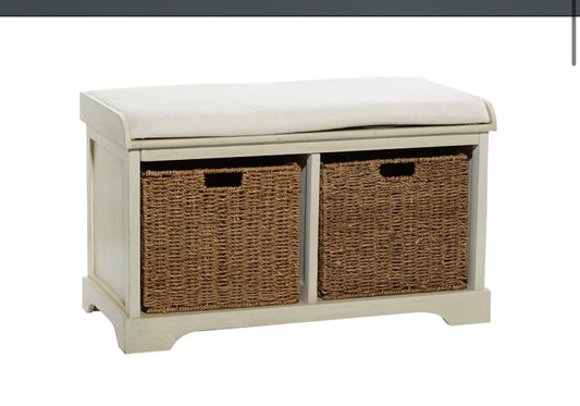 WHITE WOODEN 2 BASKETS STORAGE BENCH WITH CUSHION SEAT, 34" X 16" X 20"