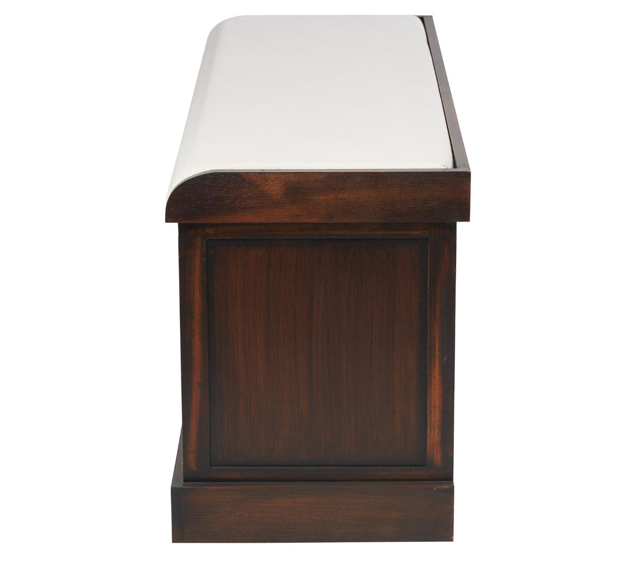 BROWN WOOD STORAGE BENCH WITH UPHOLSTERED SEAT, 42" X 15" X 20"