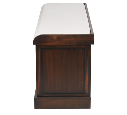 BROWN WOOD STORAGE BENCH WITH UPHOLSTERED SEAT, 42" X 15" X 20"