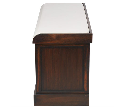 BROWN WOOD STORAGE BENCH WITH UPHOLSTERED SEAT, 42" X 15" X 20"
