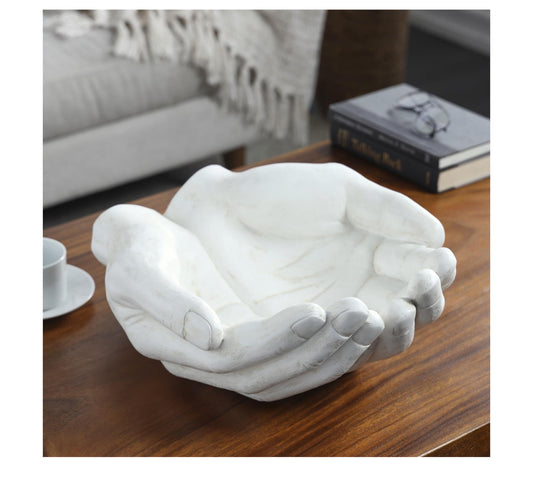 WHITE POLYSTONE HANDS OPEN SCULPTURE, 15" X 16" X 7"