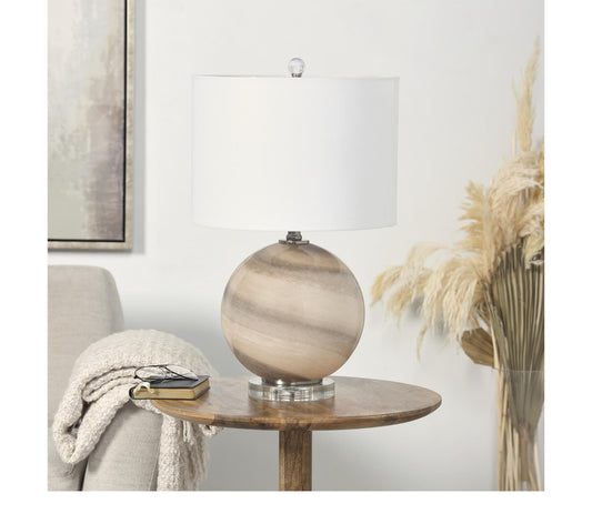 BEIGE GLASS ROUND ACCENT LAMP WITH MARBLE INSPIRED DESIGN AND GOLD ACCENTS, 14" X 14" X 23"