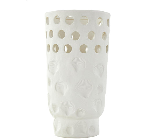 WHITE CERAMIC SHELL VASE WITH CIRCULAR CUTOUTS, 7" X 7" X 13