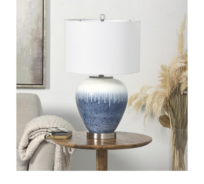 BLUE GLASS COLORBLOCK ABSTRACT DRIP ACCENT LAMP WITH CREAM ACCENT AND SILVER BASE, 14" X 14" X 25"