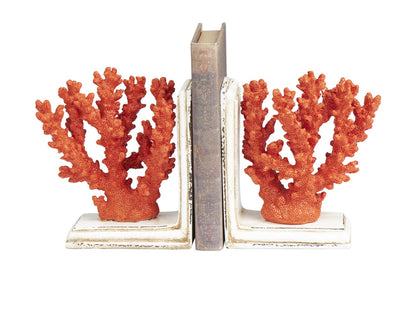 ORANGE POLYSTONE CORAL TEXTURED BOOKENDS WITH CREAM BASE