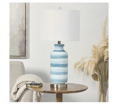 BLUE GLASS ABSTRACT STRIPED ACCENT LAMP WITH GOLD BASE, 15" X 15" X 28"
