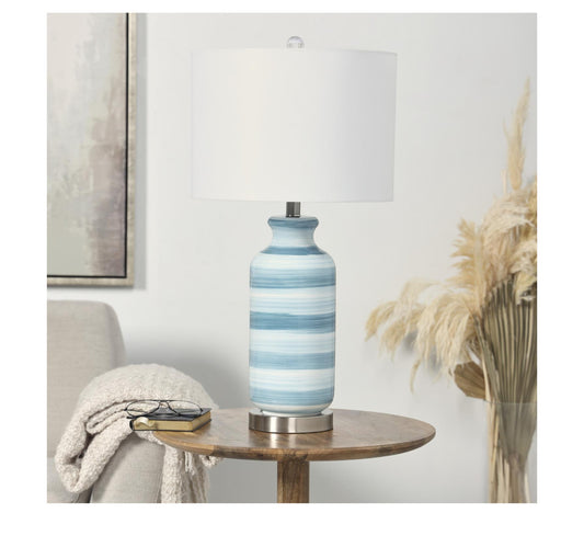 BLUE GLASS ABSTRACT STRIPED ACCENT LAMP WITH GOLD BASE, 15" X 15" X 28"