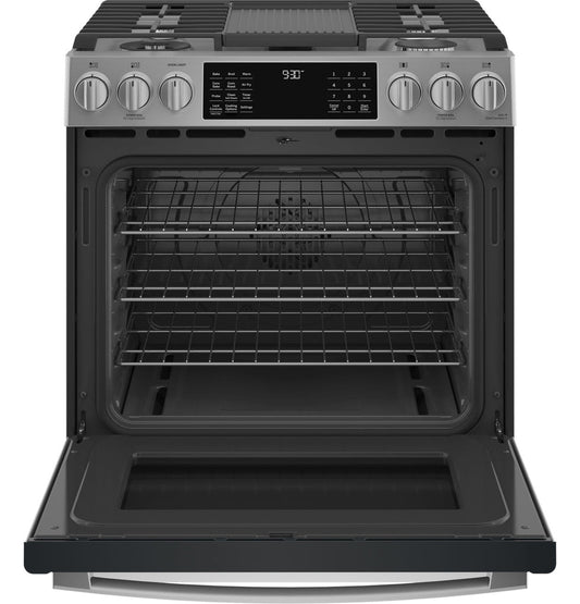 GE Profile™ 30" Smart Slide-In Front-Control Gas Fingerprint Resistant Range With No Preheat Air Fry