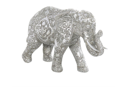 SILVER POLYSTONE ELEPHANT ENGRAVED FLORAL SCULPTURE, 6" X 14" X 9"