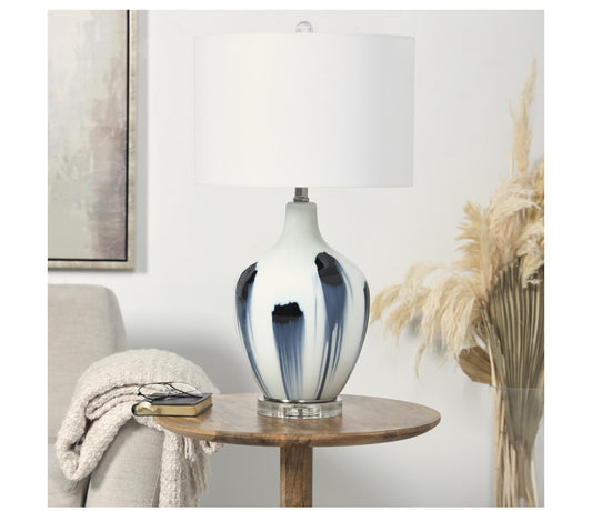 WHITE GLASS ABSTRACT ACCENT LAMP WITH BLUE DRIP SPLATTER DESIGN, 15" X 15" X 27"