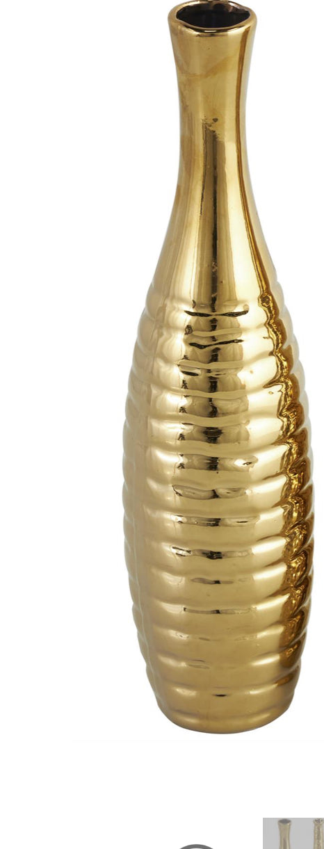 GOLD CERAMIC SLIM TEXTURED BOTTLENECK VASE WITH VARYING PATTERNS,