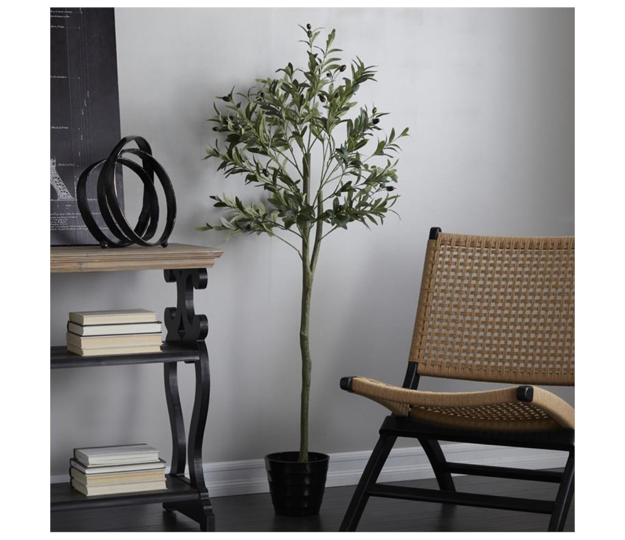 GREEN FAUX FOLIAGE OLIVE ARTIFICIAL TREE WITH REALISTIC LEAVES AND BLACK MELAMINE POT, 28" X 20" X 59"