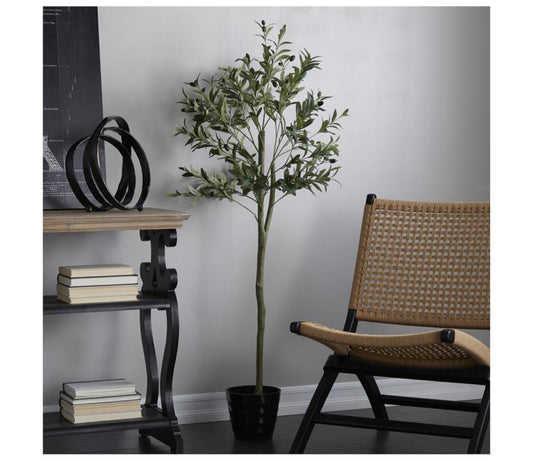 GREEN FAUX FOLIAGE OLIVE ARTIFICIAL TREE WITH REALISTIC LEAVES AND BLACK MELAMINE POT, 28" X 20" X 59"