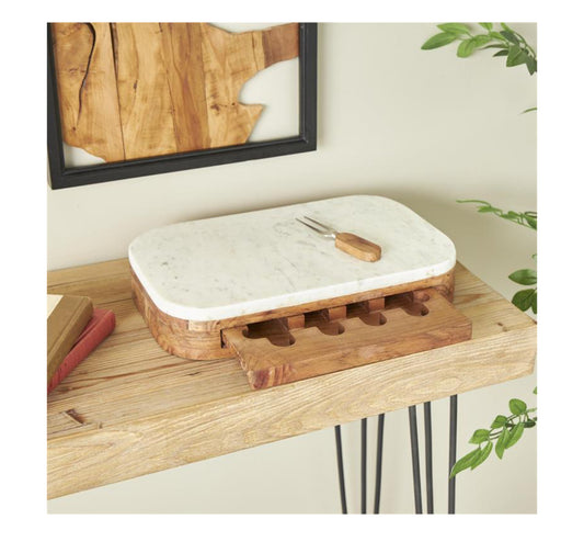 WHITE WOOD HANDMADE CUTTING BOARD WITH 4 CHEESE KNIVES, SET OF 5 16"W, 3"H