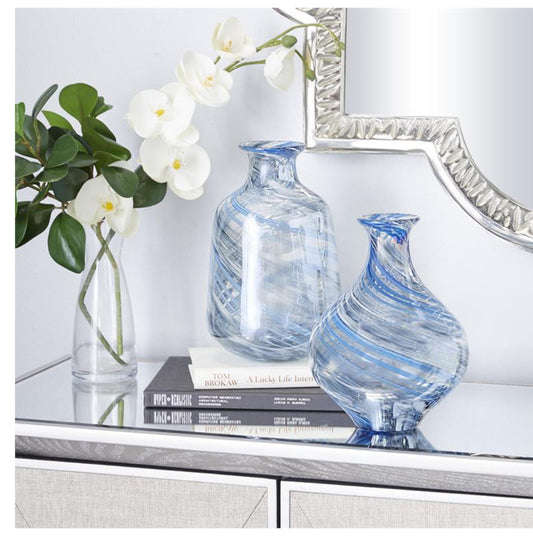 BLUE GLASS HANDMADE BLOWN VASE, SET OF 2 7"W, 10"H