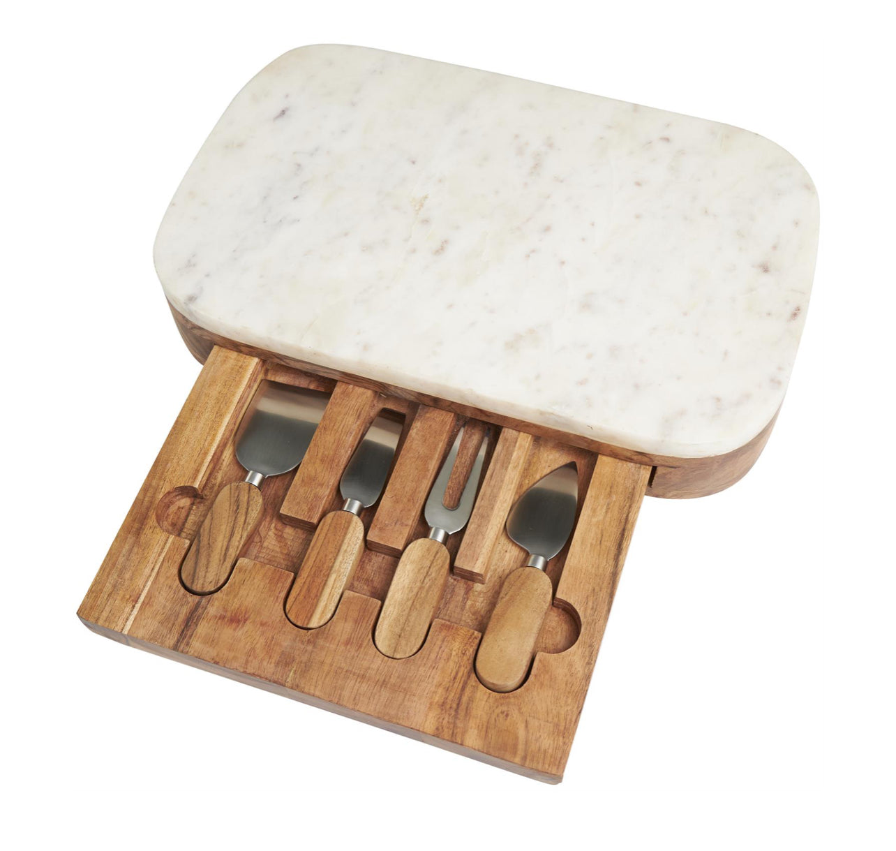 WHITE WOOD HANDMADE CUTTING BOARD WITH 4 CHEESE KNIVES, SET OF 5 16"W, 3"H