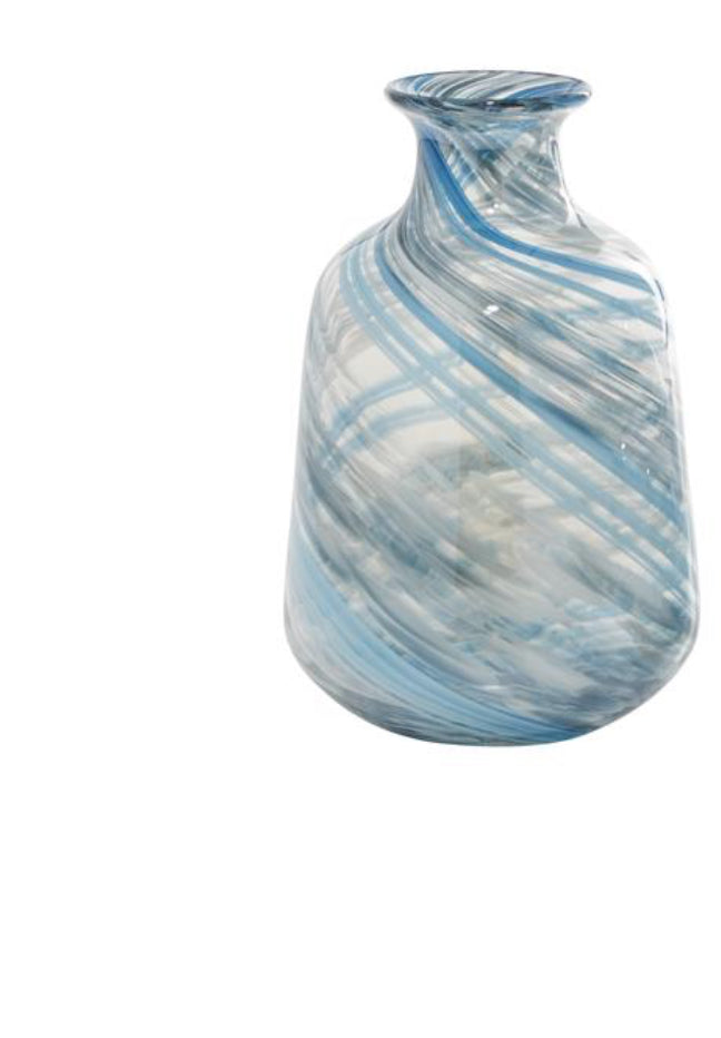 BLUE GLASS HANDMADE BLOWN VASE, SET OF 2 7"W, 10"H