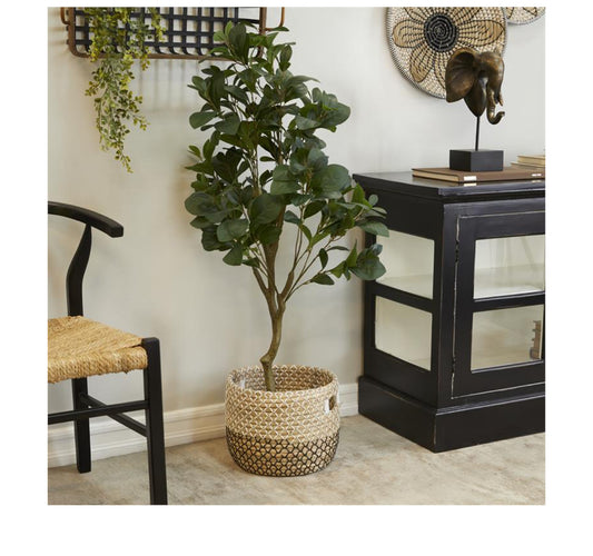 GREEN FAUX FOLIAGE FIG INDOOR OUTDOOR ARTIFICIAL TREE WITH BLACK MELAMINE POT, 22" X 22" X 45"